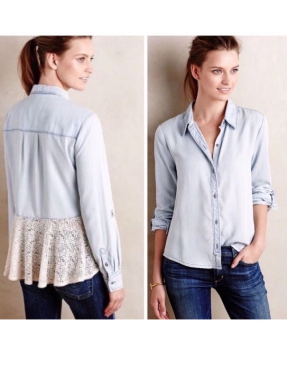 Anthropologie | Holding Horses Chambray of Lace Denim Top XS